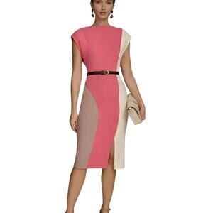 Donna Karan Women's Petite Cap Sleeve Colorblock Sheath Dress in Pink Tan Multi